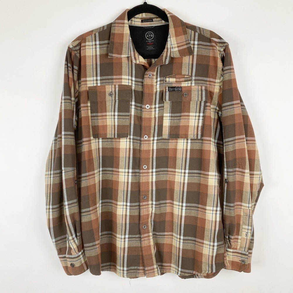 Wrangler ATG Plaid Button Down Shirt Mens Medium Brown Flannel Organic Cotton LS